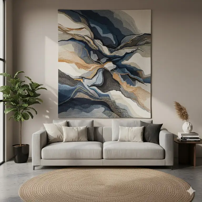 Modern living room featuring a large abstract fabric wall art piece above the sofa.