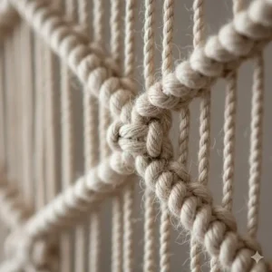 Close-up of the woven texture and natural fibers used in a macrame wall cloth art hanging.