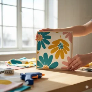 DIY project: Close-up of hands stretching patterned fabric wall art over a wooden frame.