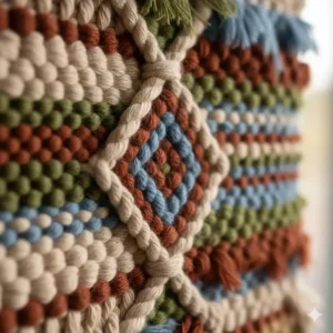 Close-up texture of a hand-woven textile wall art piece, showing intricate fibers and colors.