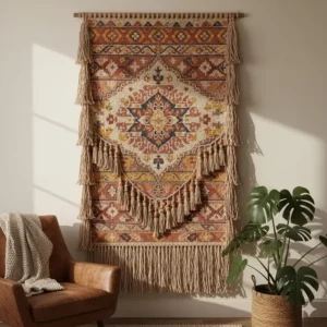 Large bohemian tapestry wall cloth art made of cloth, featuring intricate patterns and fringe detailing.