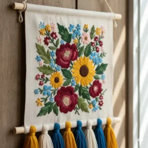 Detailed shot of a handmade embroidered fabric wall art hanging with floral patterns and tassels.
