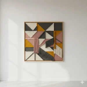 Contemporary fiber art designed with a bold geometric pattern, often referred to as modern textile wall art.