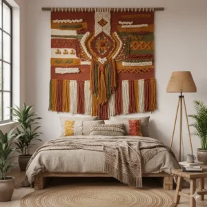 Bohemian bedroom decor showcasing a large woven fabric wall art tapestry.