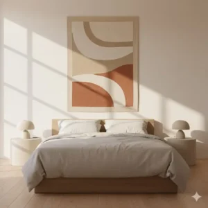 Cozy bedroom decor featuring a minimalist wall cloth art installation above the bed as a soft focal point.
