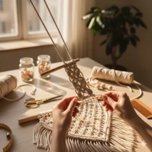 Step-by-step image of a craftsperson creating DIY macrame wall art with natural cotton ropes.
