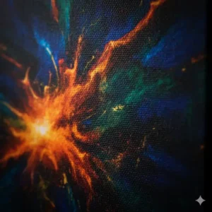 Close view of a canvas art piece with a unique printed fabric wall art surface texture and deep colors.