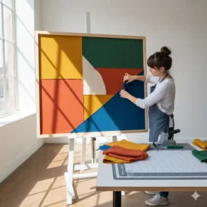 Example of a DIY geometric fabric wall cloth art project, showing the use of stretched cloth over a frame.