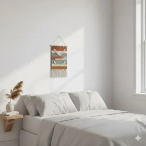 Abstract embroidered wall hanging featuring vibrant colors and stitches on a stretched canvas.