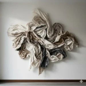 Abstract, three-dimensional textile wall cloth art sculpture in neutral tones, showcasing cloth as fine art.