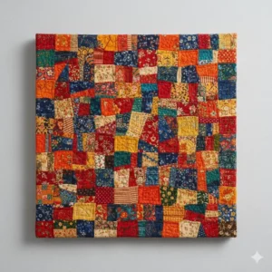 Colorful quilting fabric wall art collage mounted as a unique and textured wall decor.