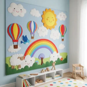 Bright and colorful felt cloth wall cloth art decoration in a child's room, suitable for playful nursery decor.