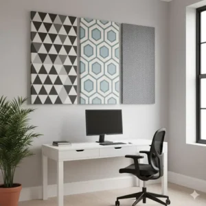 Minimalist home office with acoustic geometric fabric wall art panels.