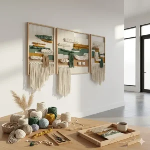 A multi-panel textile art installation creating a dramatic focal point in a brightly lit hallway.