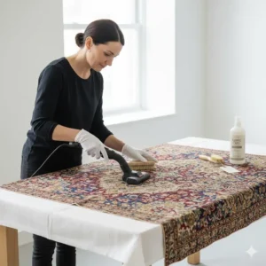 Image illustrating the careful handling and display of vintage wall cloth art to prevent damage.