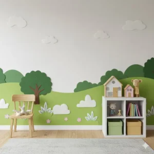 Bright and playful kids room mural created using layered felt fabric wall art shapes.