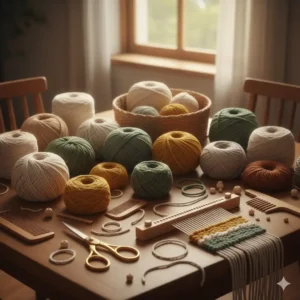 Assortment of natural wool and yarn materials used for making custom woven textile wall art.