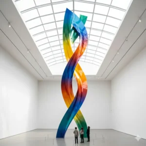 A vibrant, tall abstract sculpture made of colorful metallic sheets.