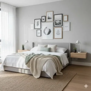 A thoughtfully curated gallery wall arrangement of various sizes of prints, perfect for modern bedroom wall prints decor.