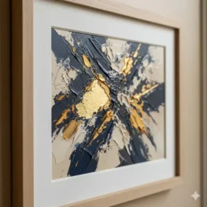 Close-up view of large abstract framed wall art with gold accents and a white border, showcasing texture and detail.