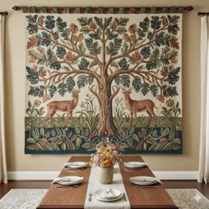 A large, intricate fabric tapestry **wall decor with cloth** featuring a nature-inspired design, used as the main focal point in a dining room.