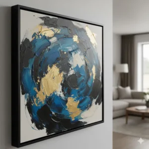 Close-up of abstract big framed wall art featuring blue and gold brushstrokes with a sleek black frame.