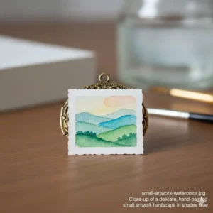 Close-up of a delicate, hand-painted small artwork watercolor landscape in shades of blue and green.