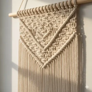 Detailed shot of a hand-knotted macrame textile wall hanging in natural cotton, highlighting the boho fiber art texture and fringe.