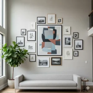 Example of a floor-to-ceiling gallery using a large piece of tall wall art as the focal point.