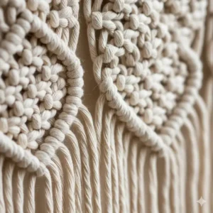 Detailed close-up of the intricate woven hanging wall decor texture showing natural cotton ropes.