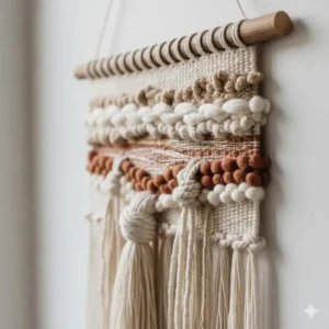 Close-up of a woven textile wall hanging showing texture and natural fibers, a soft style of Material Wall Art.