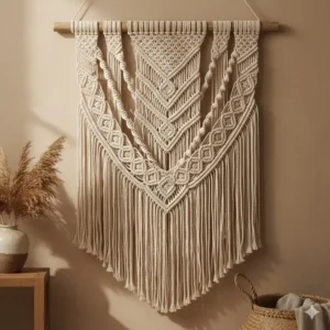 Close-up of a bohemian macrame wall hanging, emphasizing the intricate knot work and natural fiber texture of this popular style of fabric artwork for wall.