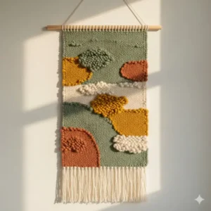 Contemporary abstract handwoven tapestry textile wall hanging with geometric patterns and wool texture on a wooden dowel.