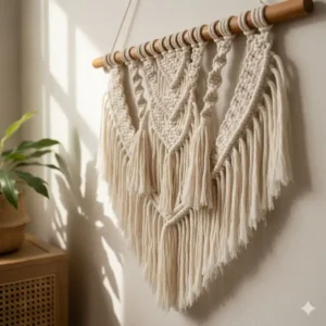 Close-up of a bohemian macrame piece, showing the detailed knotting and fringe of this popular **wall decor with cloth** style.
