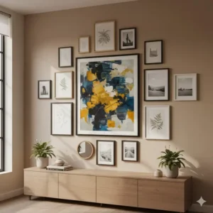 Example of a gallery wall centered around one big framed wall art piece, flanked by smaller, complementary artwork.