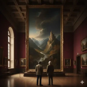 A 19th-century oil painting featuring a vertical landscape and is a tall artwork.