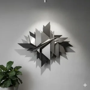 3D metal sculpture with a brushed silver finish and layered geometric shapes, highlighting the durability of Material Wall Art.