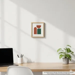 Minimalist small artwork print with abstract shapes hanging on a white wall above a home office desk.
