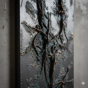 Close-up of heavy, metallic texture on a sleek, tall wall art piece.