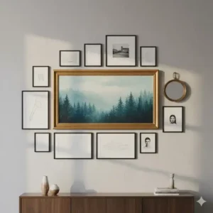 A stylish gallery wall with a focal point being an oversized framed wall art piece surrounded by smaller decorative prints.