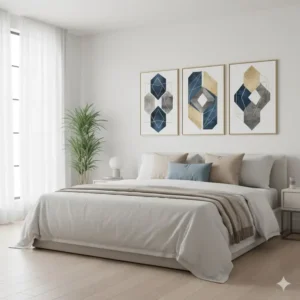 Set of 3 wall decor in a minimalist bedroom setting, showcasing the scale above a queen-sized bed.