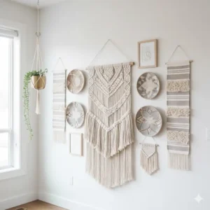 A stylish gallery wall featuring a collection of different sizes of woven hanging wall decor pieces.