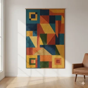 Modern abstract fabric quilt wall art with geometric shapes and bold colors, highlighting how patchwork can be used as unique fabric artwork for wall decor.