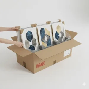 Set of 3 wall decor packaging example, showing safe, protective packaging for shipping the product.