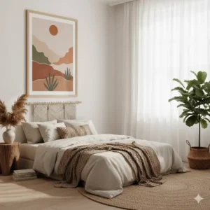Single large bohemian-style art print featuring neutral colors and a nature theme, ideal for relaxed bedroom wall prints decor.