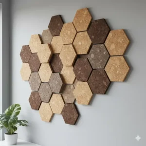 Decorative cork acoustic panels arranged in a honeycomb pattern, providing unique and sound-dampening Material Wall Art.