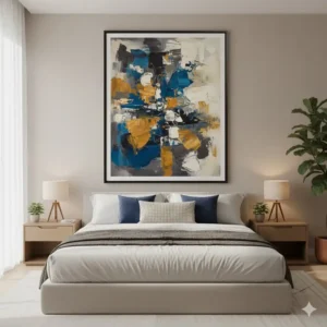 A striking piece of big framed wall art placed strategically over a headboard in a contemporary bedroom to enhance the decor.