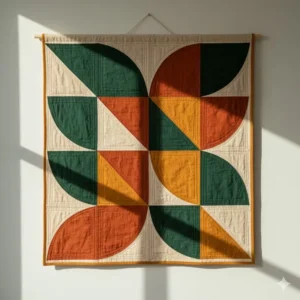 Modern geometric quilted textile wall hanging in muted colors, demonstrating textile craftsmanship and a cozy, textural home decor style.