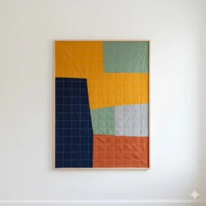 A contemporary, abstract fabric quilt displayed on a white wall, highlighting how quilted cloth can be hung as modern art **wall decor with cloth**.