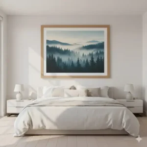Oversized framed wall art in a calming landscape design, perfectly centered above the headboard of a king-size bed in a master bedroom.